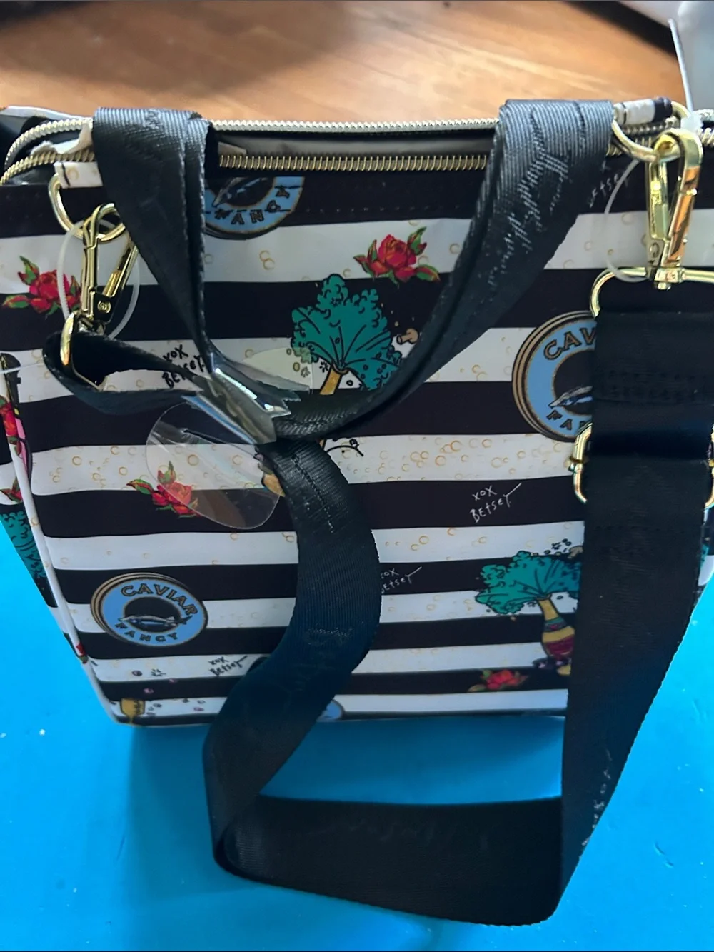 Betsey Johnson Black & White Striped Insulated Lunch Tote with Food Print